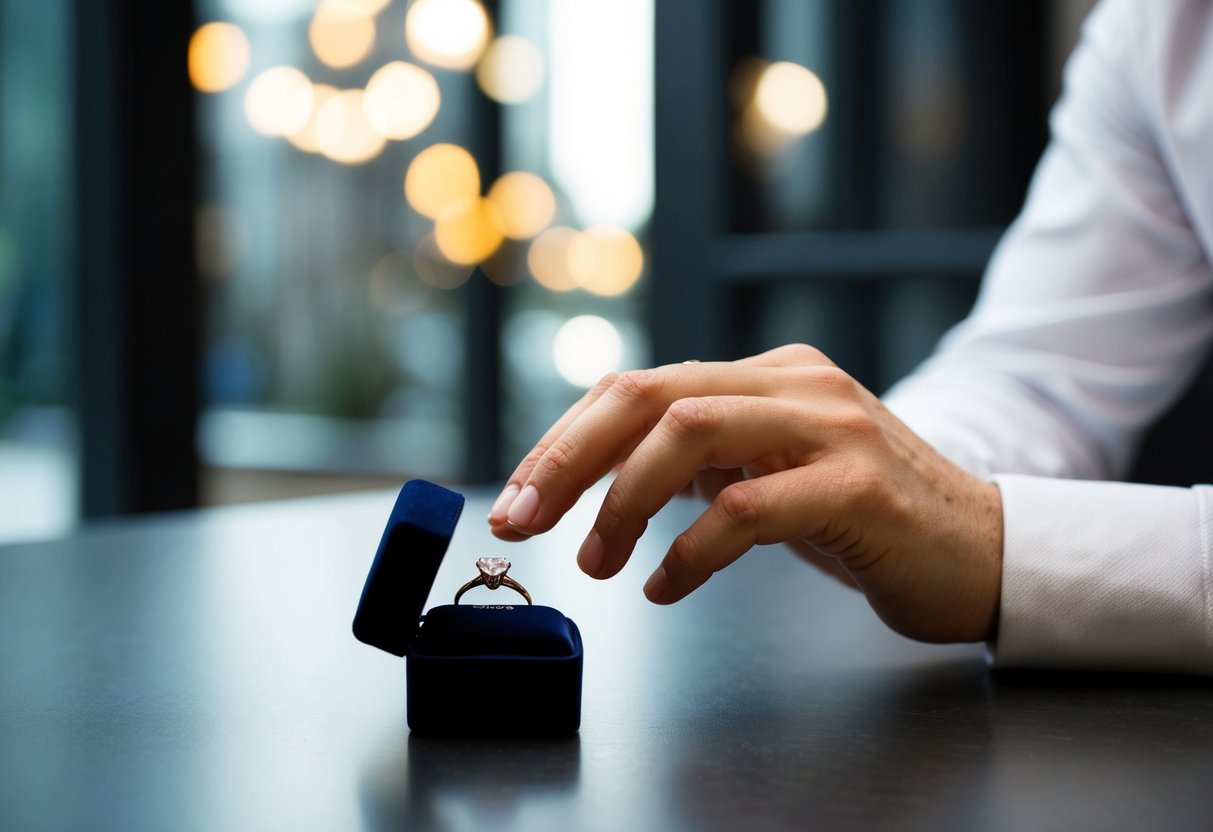 A hand reaching for a ring box on a table, with a wedding ring inside