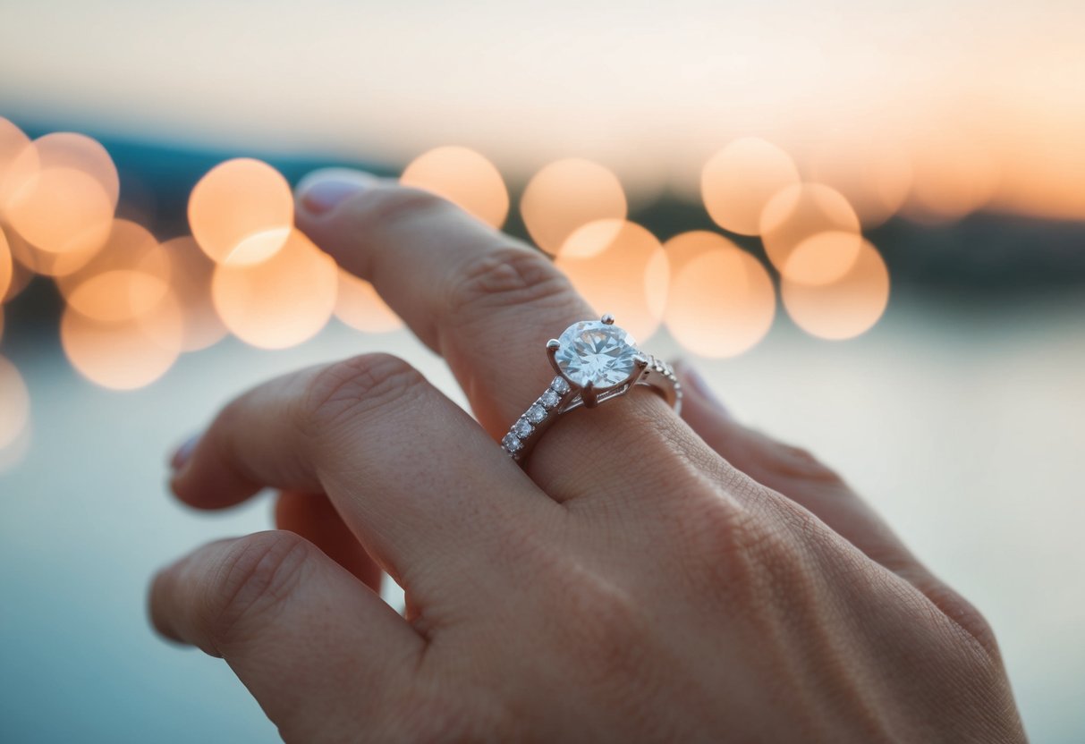 A wedding ring sits on a right hand, symbolizing love and commitment