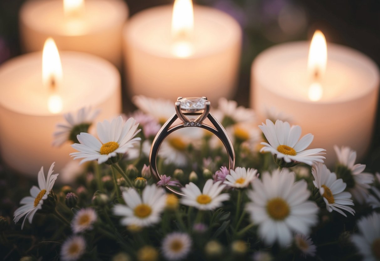 A ring resting on a bed of flowers, surrounded by soft candlelight