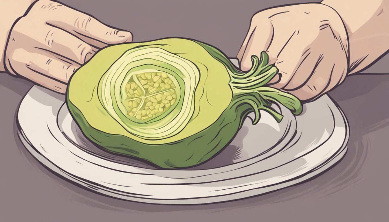 A person cutting open a rutabaga to reveal its unripe, pale interior