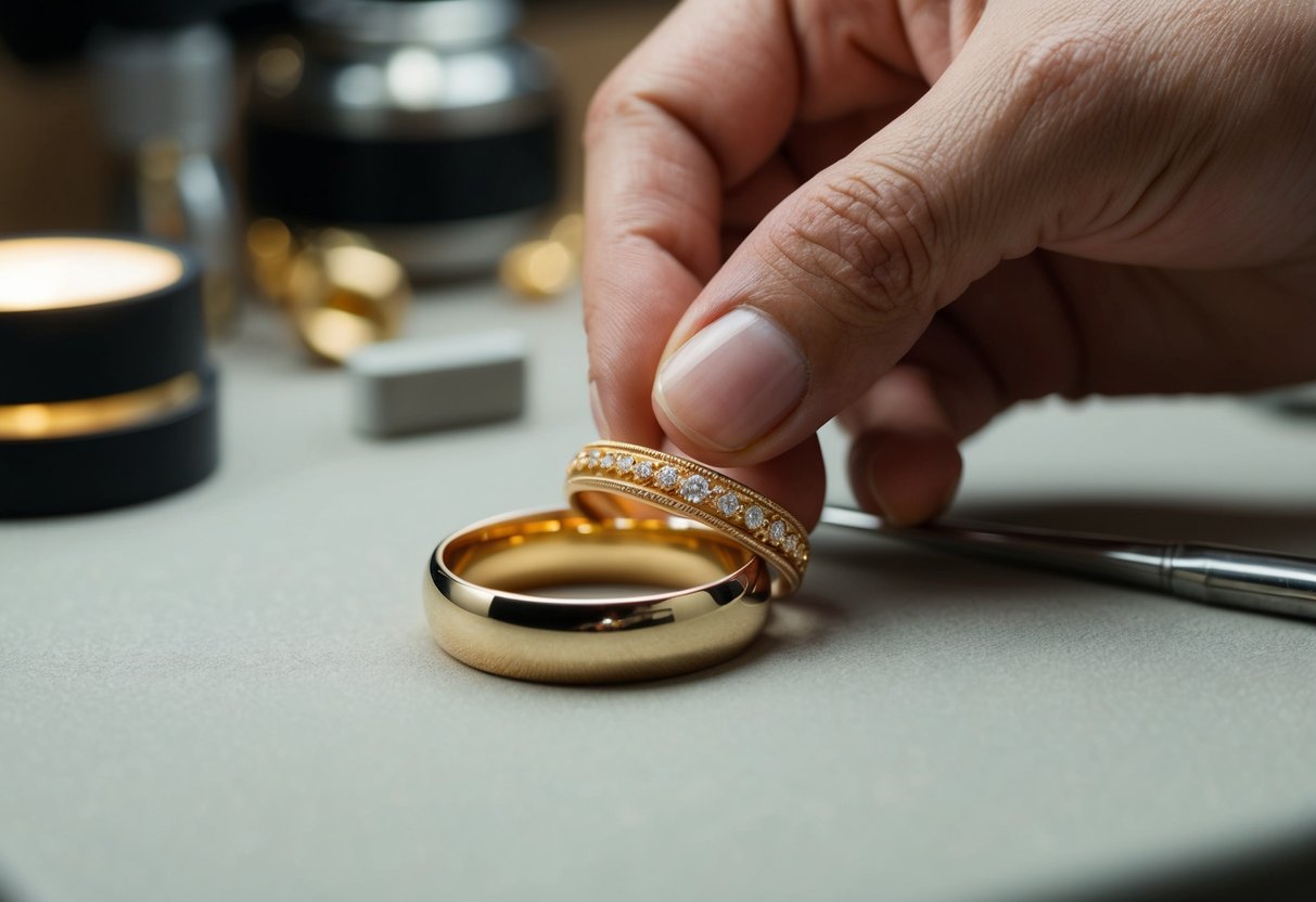 A jeweler carefully crafts a simple gold band, adding intricate details and a polished finish