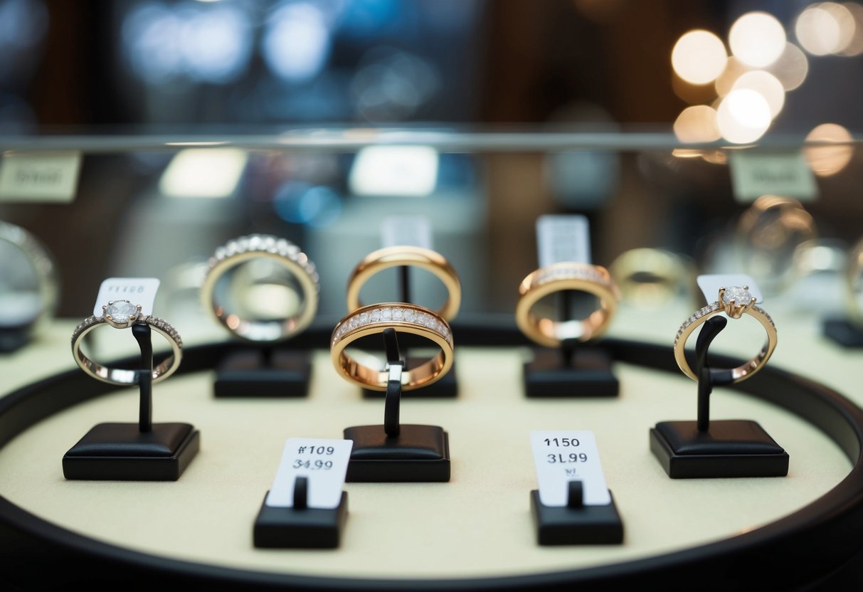 A jeweler's display featuring a variety of wedding bands in different metals and styles, with price tags visible