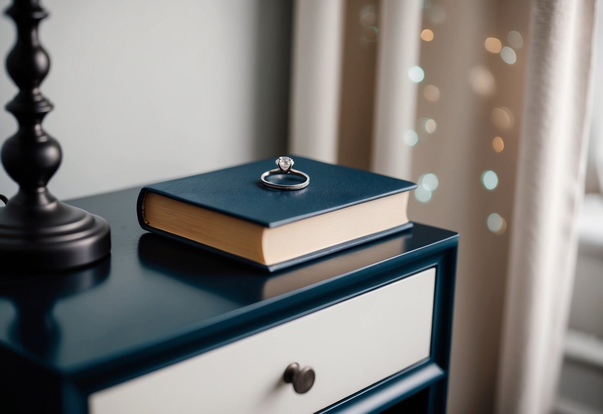 A nightstand with a wedding ring resting on top, next to a lamp and a book