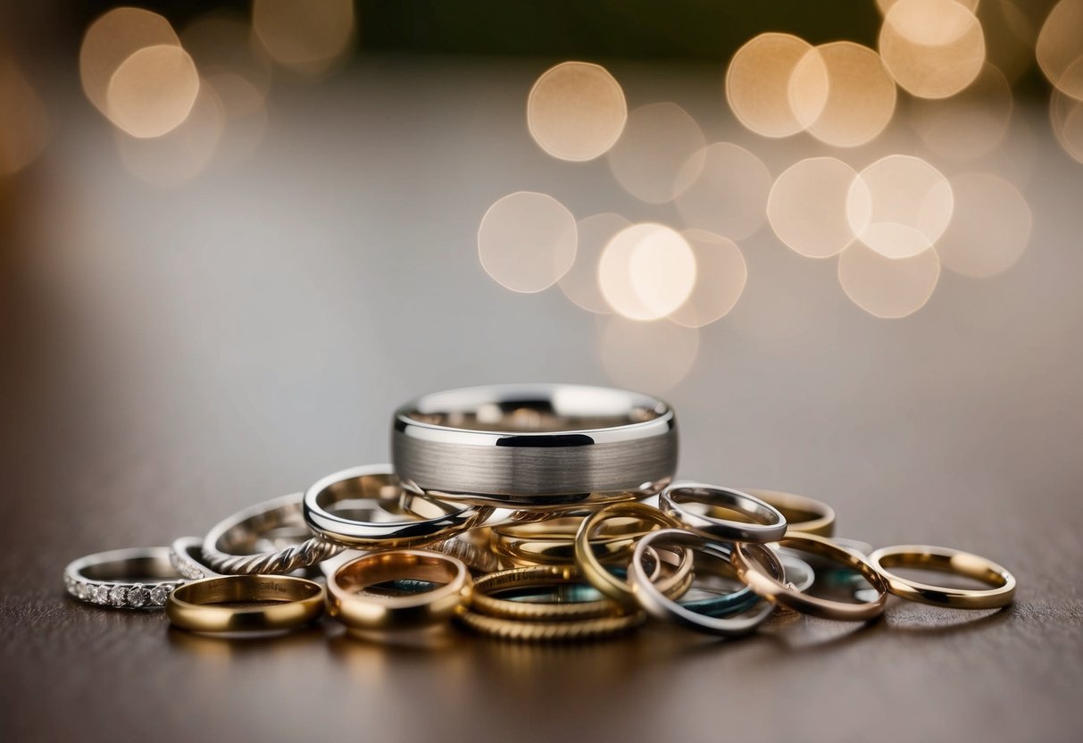 A handcrafted silver band sits atop a pile of various rings, symbolizing the diverse options for wedding bands