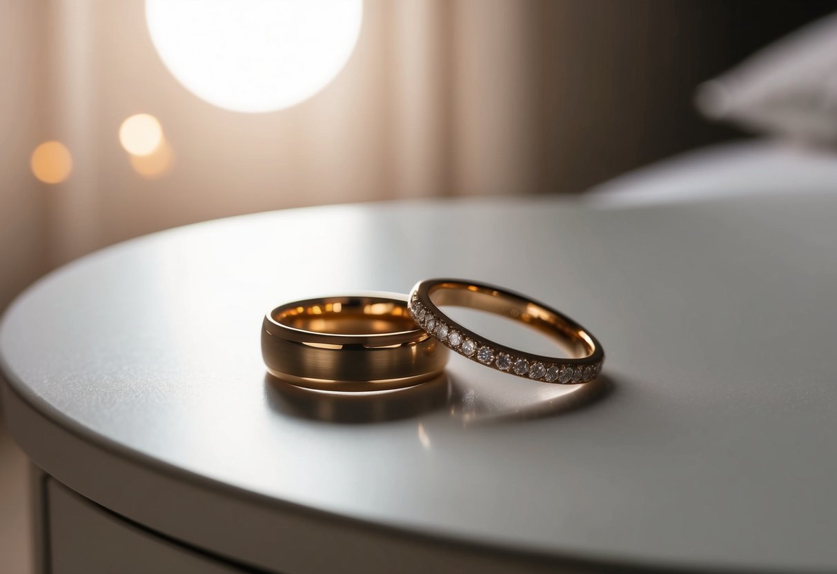 Two wedding rings resting on a bedside table, bathed in soft moonlight