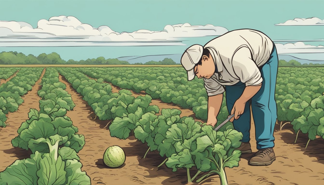 A person picking a rutabaga from the ground, cutting it open, and looking concerned at the unripe, pale interior