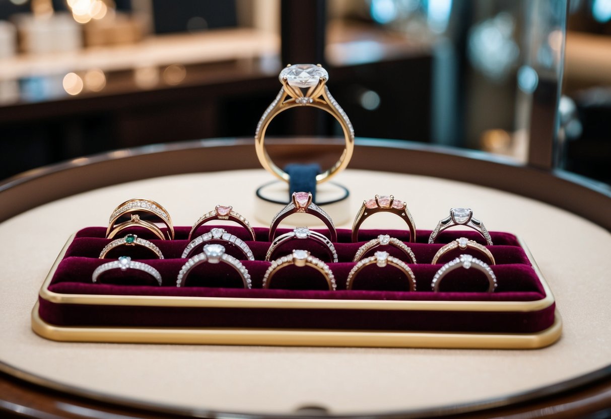 A jeweler presenting a variety of wedding bands, from simple to luxurious, displayed on a velvet cushioned tray