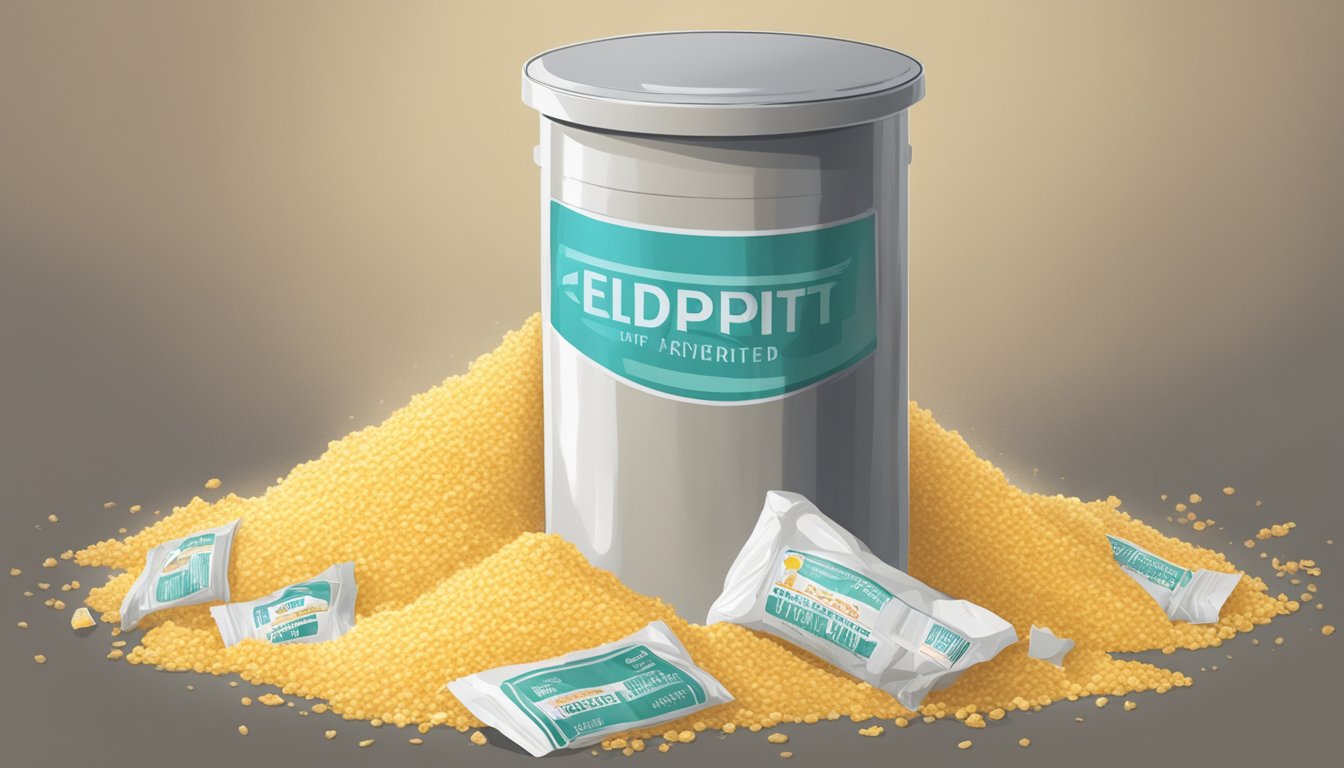 A pile of expired grits spilling out of a torn package, with a warning label and a trash can nearby