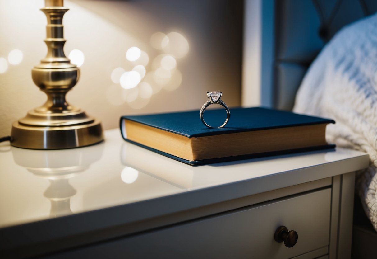 A bedside table with a wedding ring placed on top, next to a lamp and a book