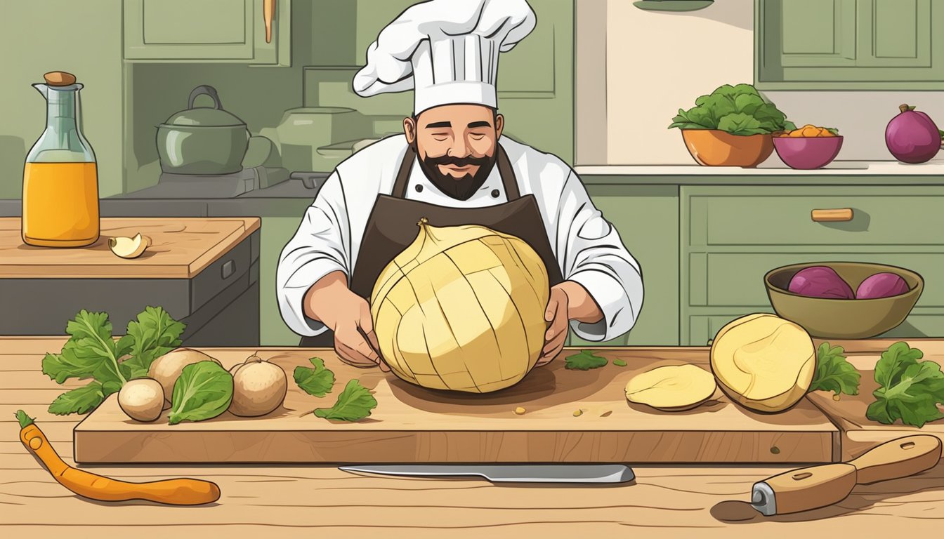 A chef slicing a ripe rutabaga with a knife on a cutting board, surrounded by various cooking utensils and ingredients