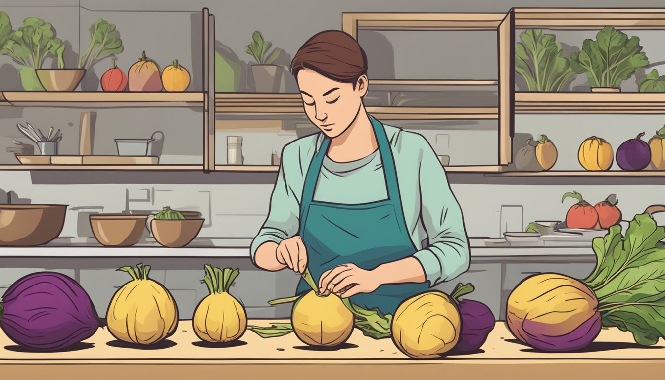 A person slicing open a rutabaga to check for ripeness, with a concerned expression on their face