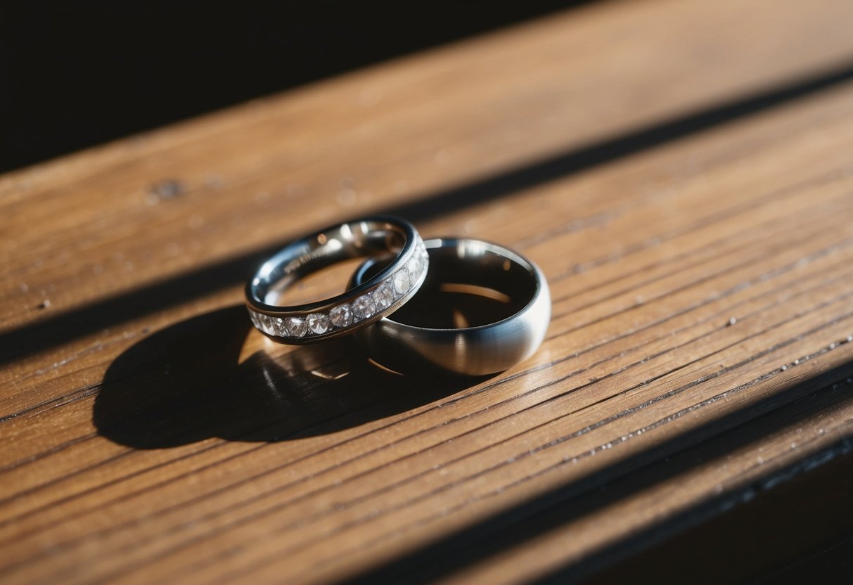 Two wedding rings lie abandoned on a wooden table, casting long shadows in the soft afternoon light