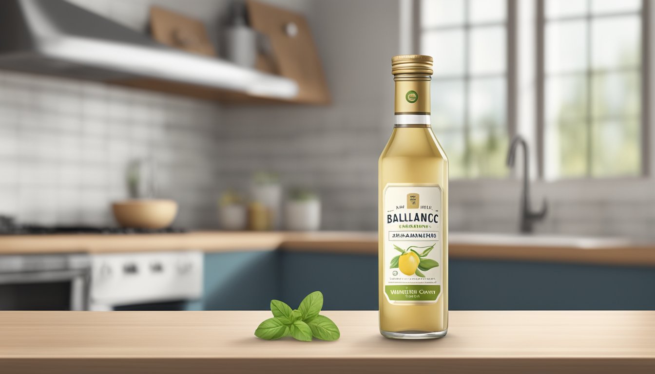 A bottle of white balsamic vinegar sits on a kitchen counter, with a faded expiration date label