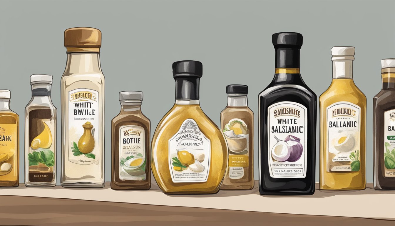 A bottle of expired white balsamic vinegar sits on a dusty shelf next to other condiments. The label shows signs of wear and tear, and the liquid inside appears cloudy