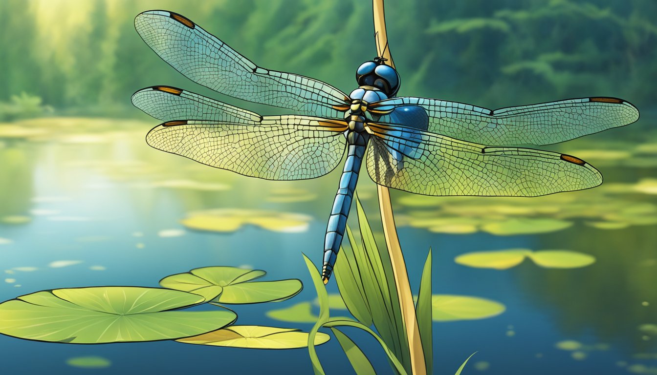 A dragonfly hovers near a pond, its iridescent wings catching the sunlight as it hunts for prey