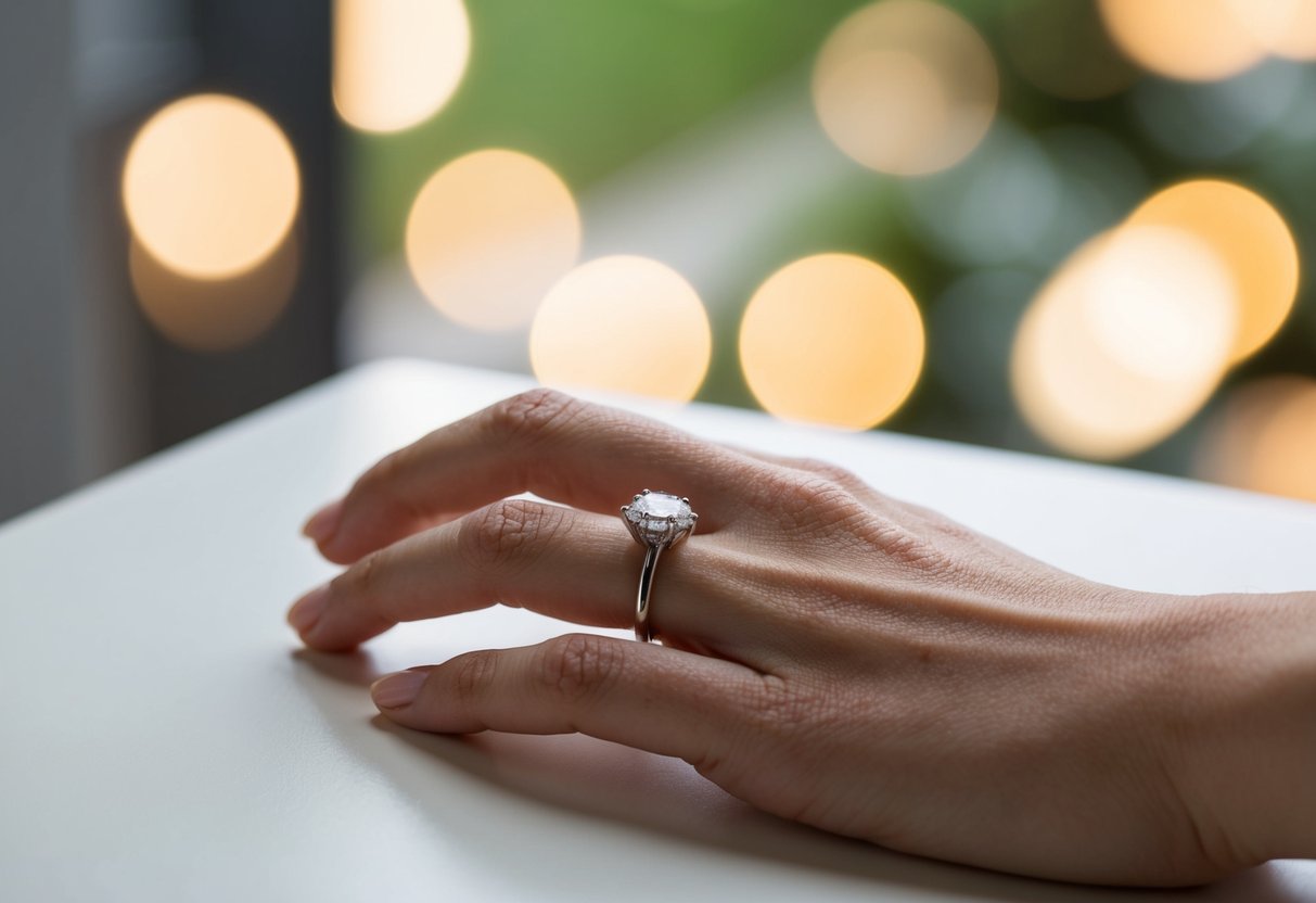 A bare left hand on a table, next to a wedding ring
