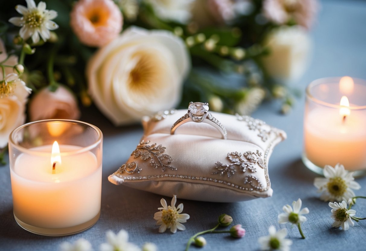 A wedding ring placed on a small, ornate pillow, surrounded by delicate flowers and soft candlelight