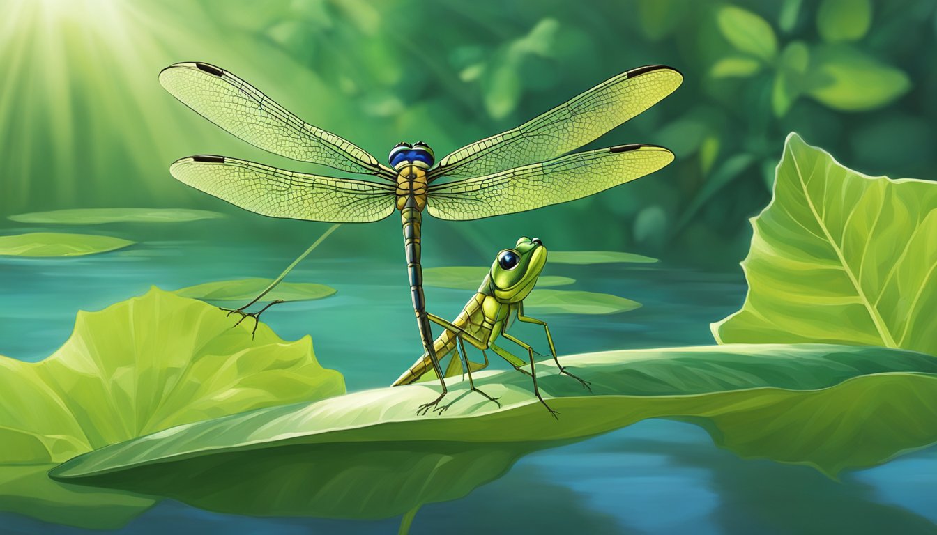 A dragonfly perches on a leaf, its iridescent wings shimmering in the sunlight. Below, a frog waits patiently, ready to snatch the unsuspecting insect for its next meal