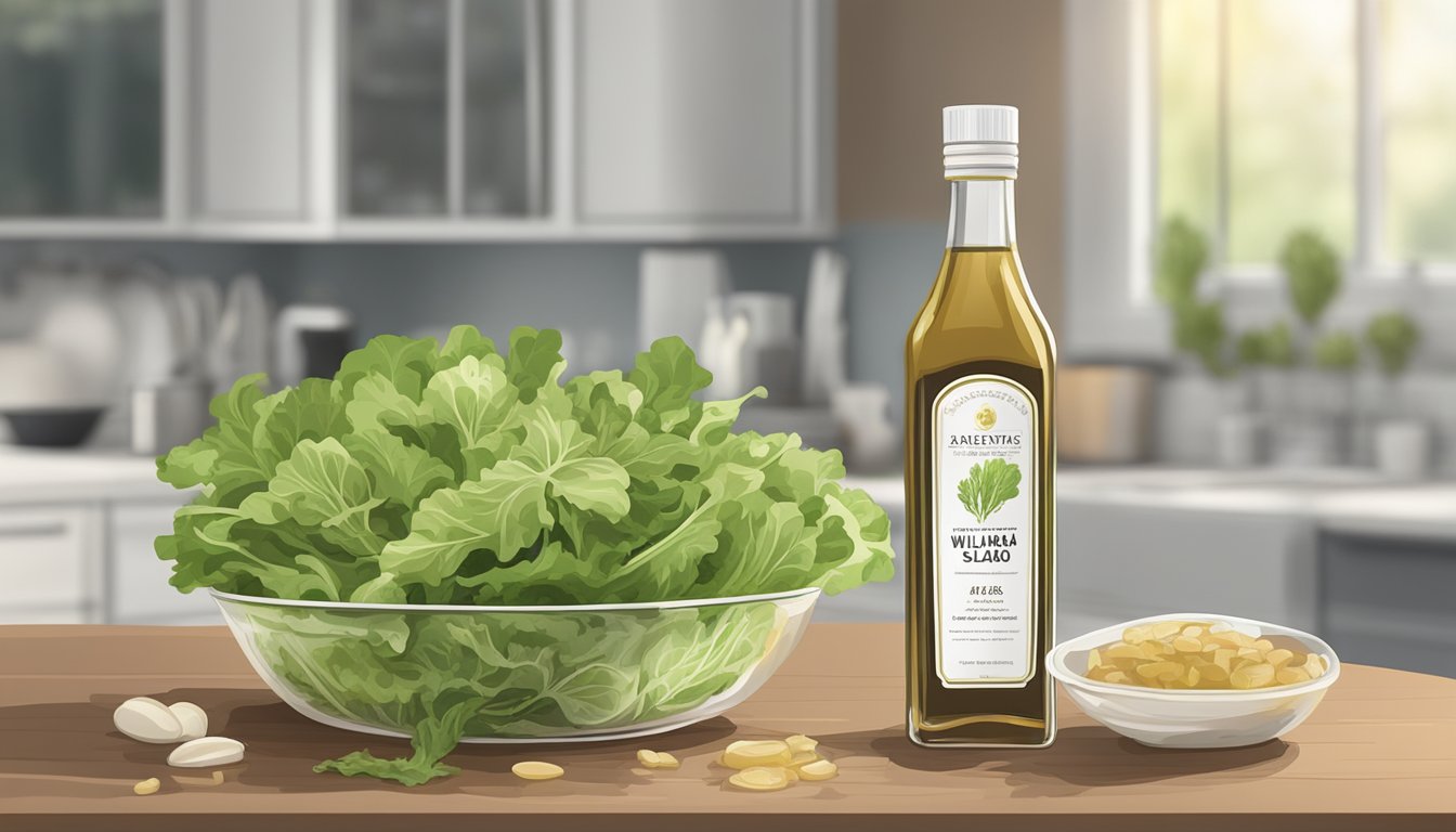 A bottle of white balsamic vinegar with a faded label sits on a kitchen counter next to a pile of wilted salad greens