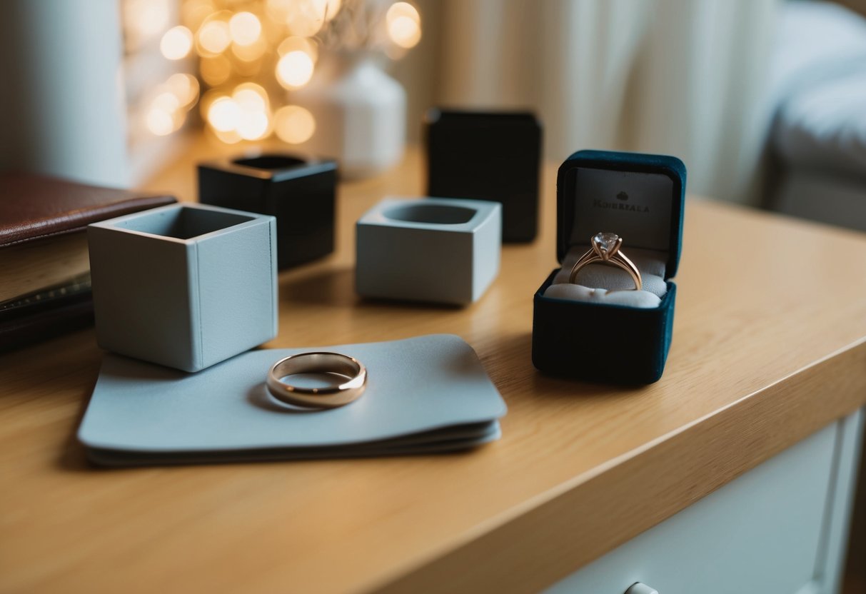 A cluttered bedside table with two empty ring holders and a single wedding ring lying abandoned