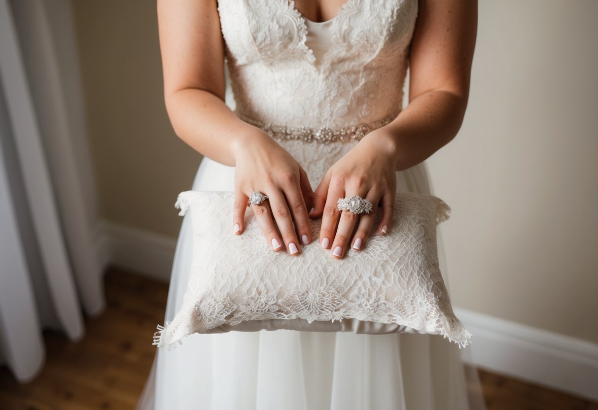 A bride holds out two wedding rings on a delicate lace pillow