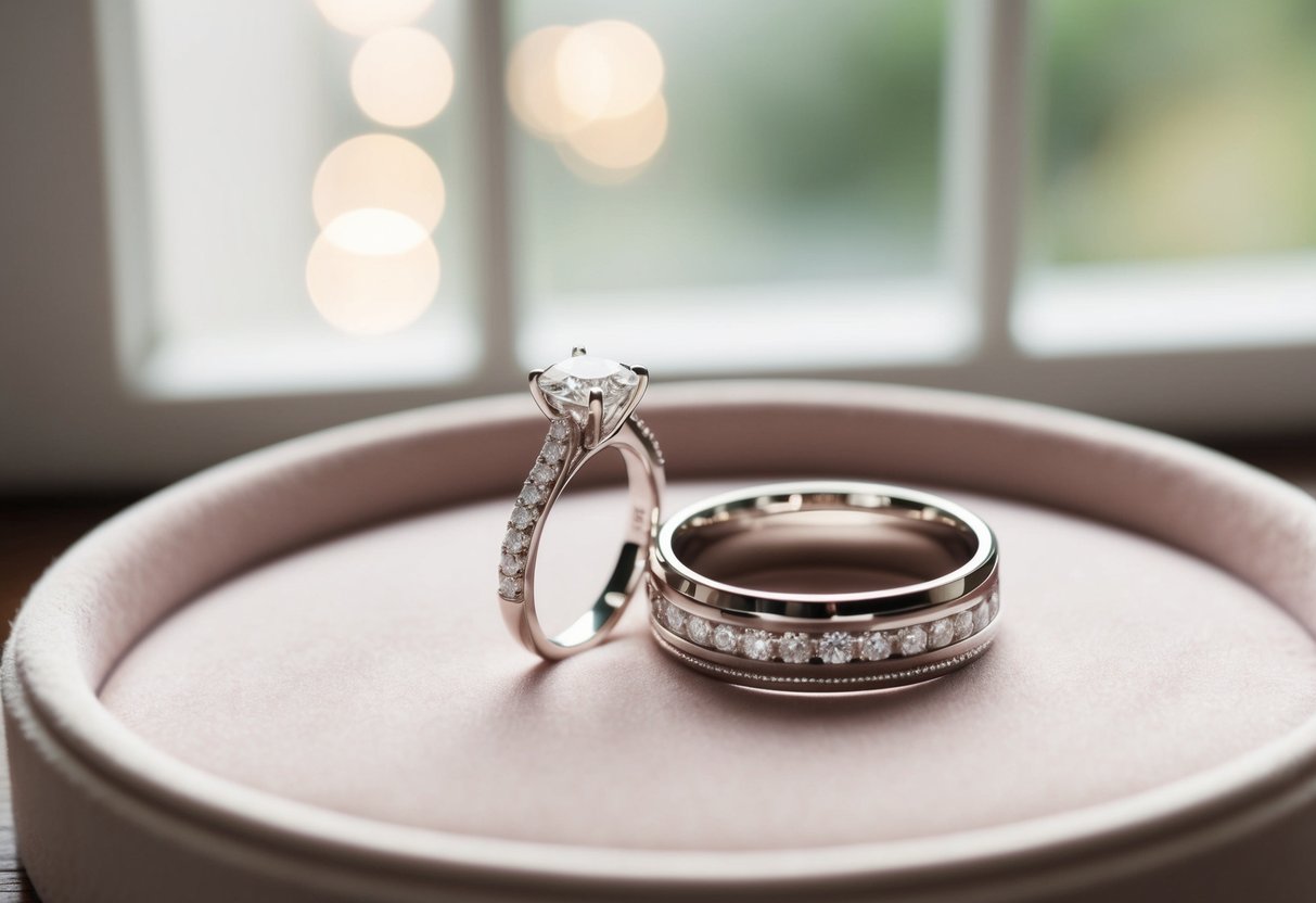 A bride's engagement ring and wedding band sit side by side on a soft velvet jewelry tray, catching the light from a nearby window