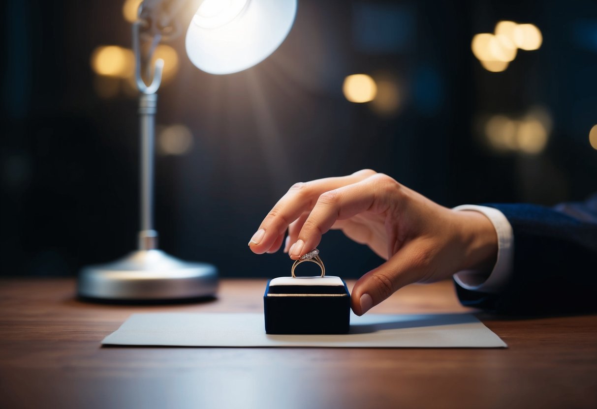 A hand reaching for a ring box on a table, with a spotlight shining on the ring