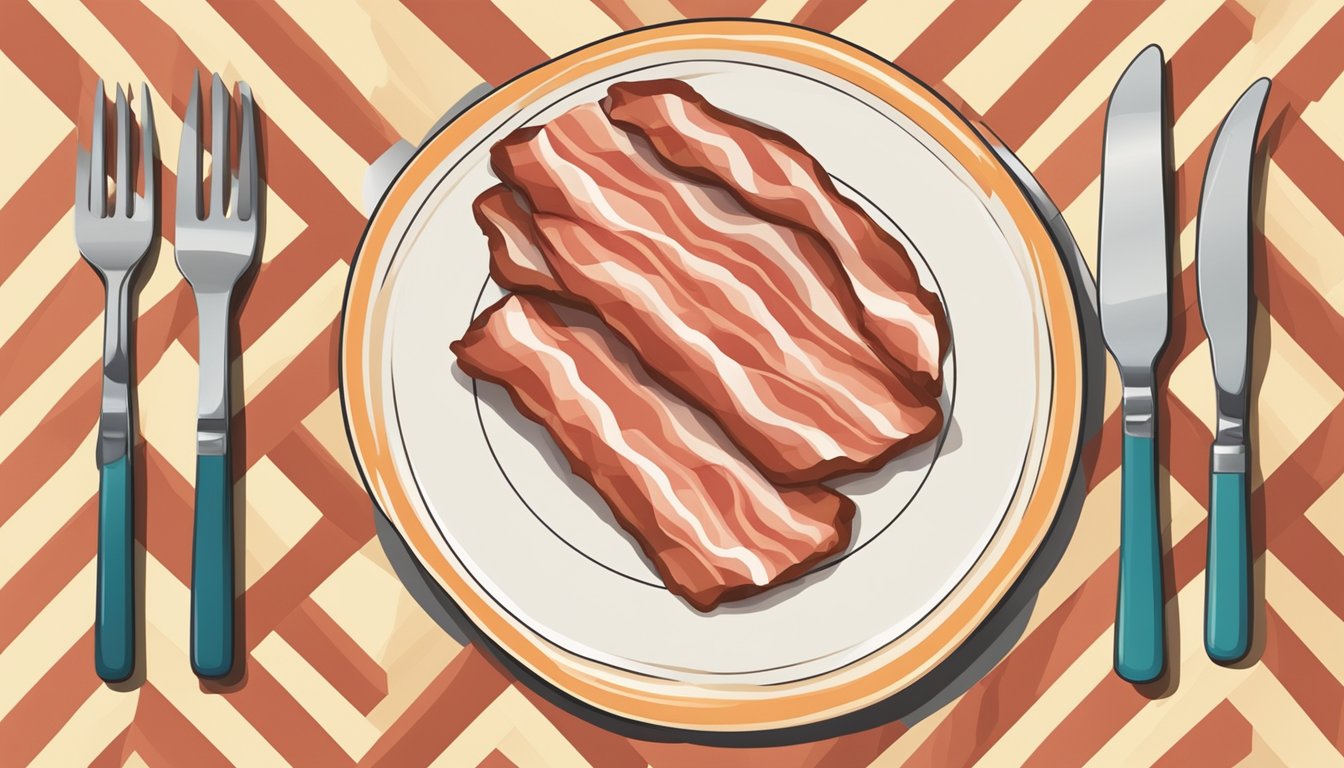 A plate of raw bacon next to a warning sign and a crossed-out fork and knife