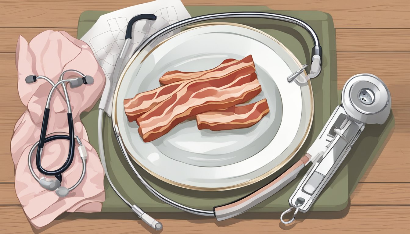 A plate of raw bacon sits next to a question mark. A doctor's stethoscope and medical chart are nearby, suggesting health concerns