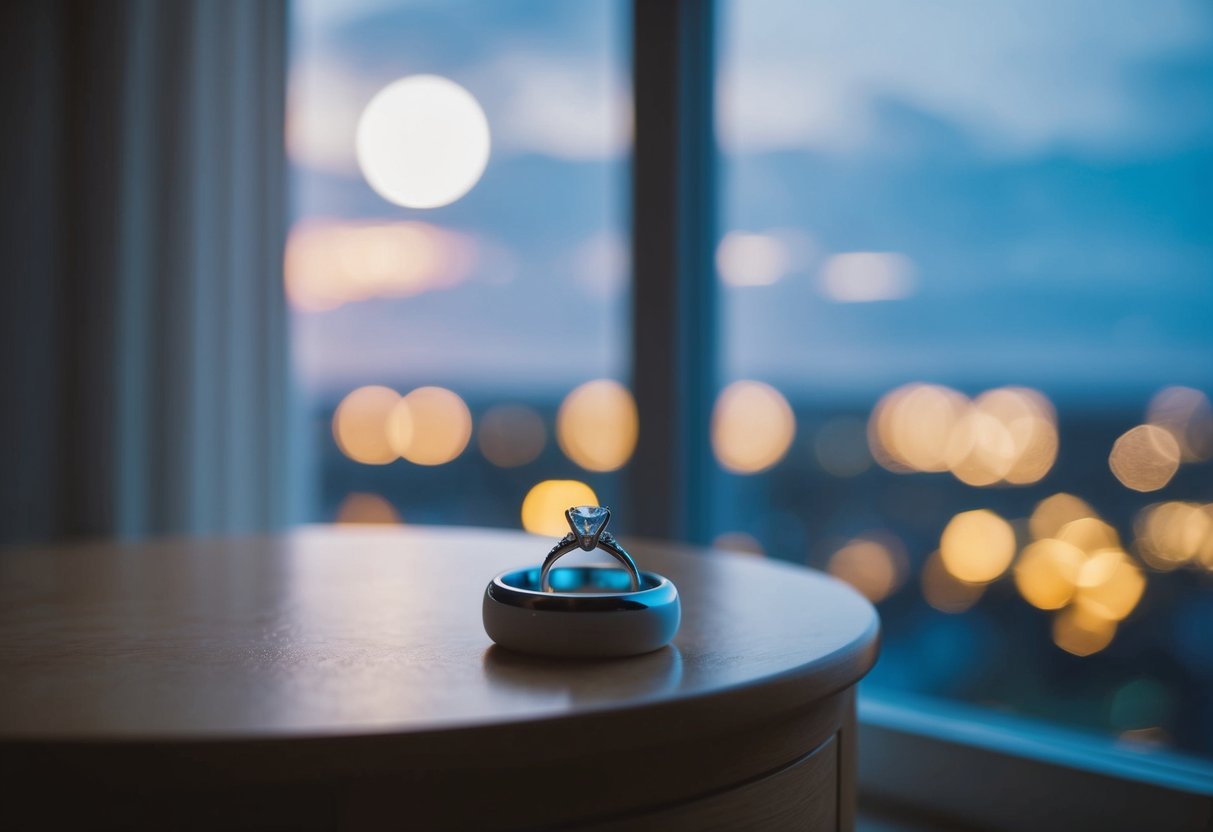 A bedside table with a glimmering engagement ring resting on top, illuminated by soft moonlight filtering through the window
