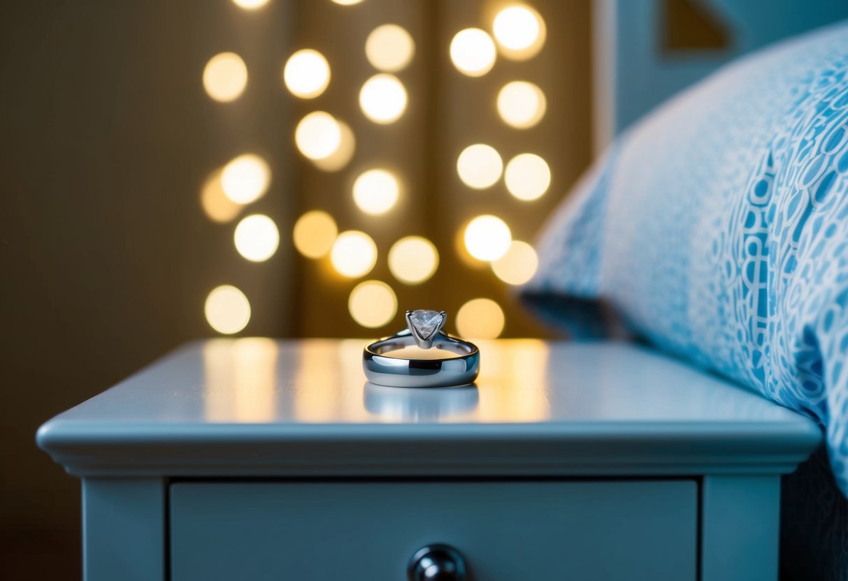 A wedding ring resting on a bedside table, bathed in soft moonlight