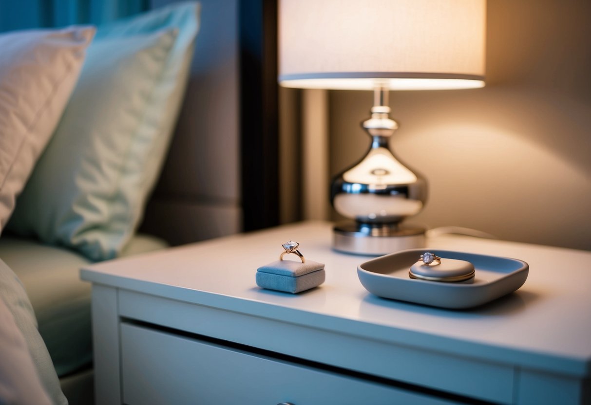 A bedroom nightstand with an engagement ring placed on top, next to a small jewelry dish or box. A soft, dim light illuminates the scene
