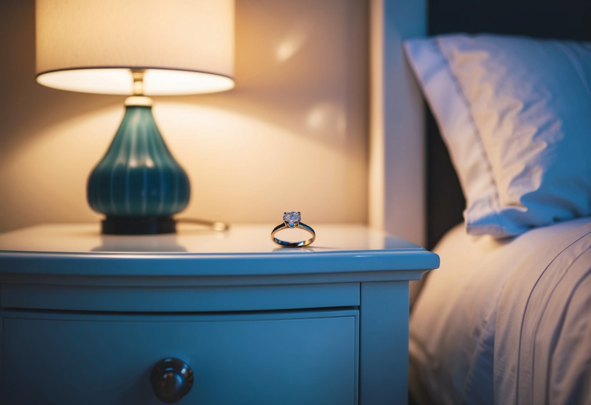 A nightstand with a wedding ring resting on top, surrounded by a soft glow from a bedside lamp