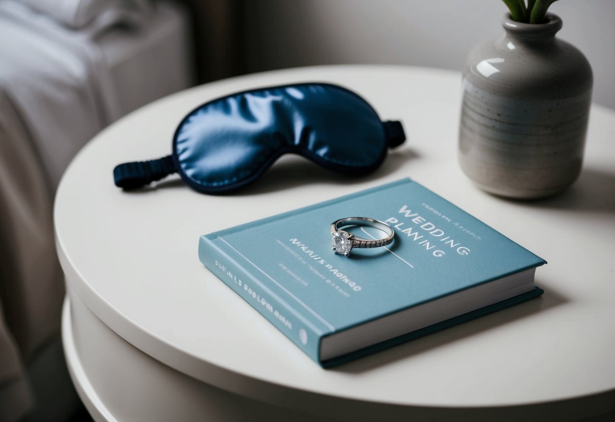 A delicate engagement ring resting on a bedside table next to a sleeping mask and a book on wedding planning