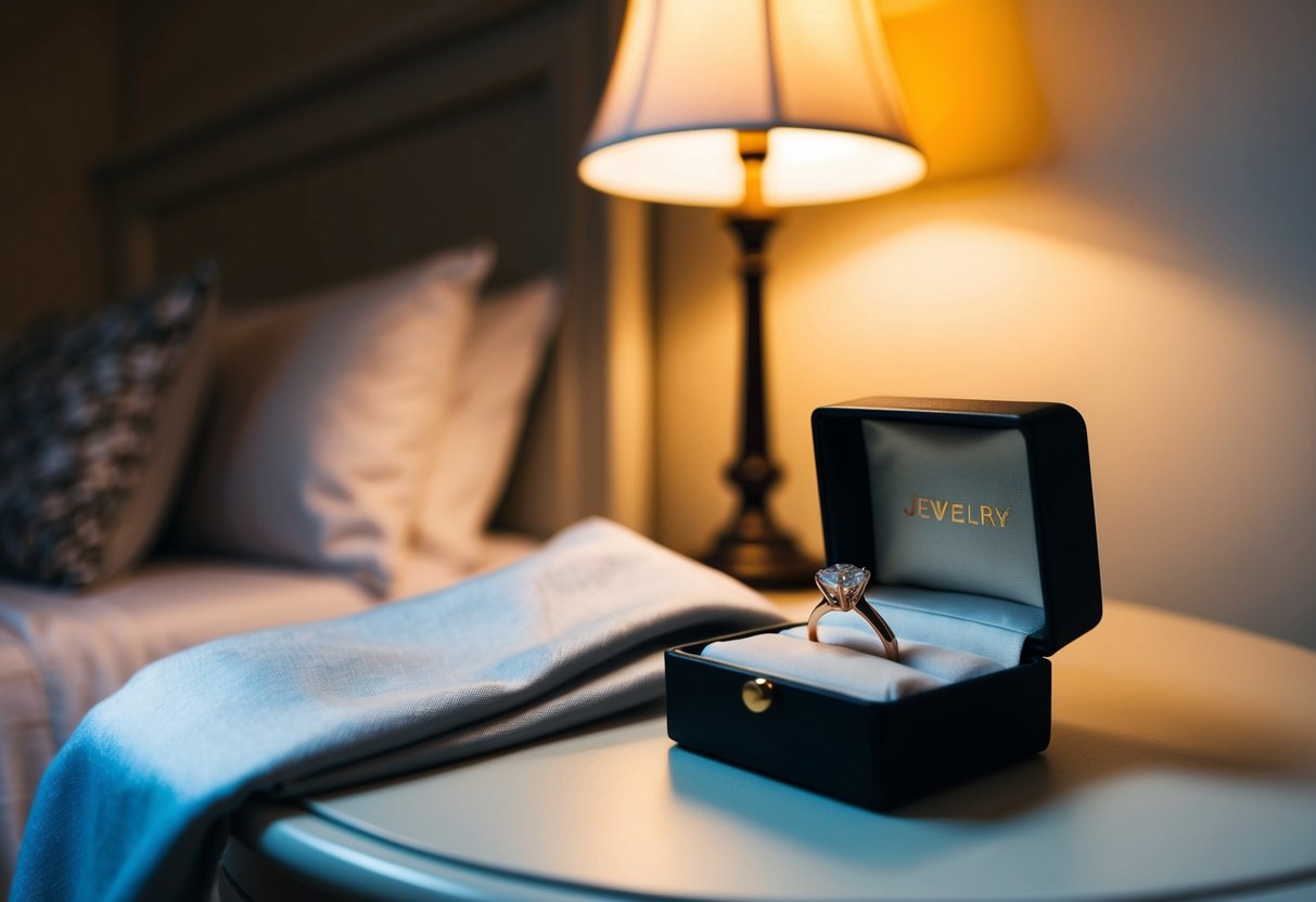 A jewelry box open on a bedside table, with a wedding ring resting on a soft cloth. A lamp casts a warm glow on the scene