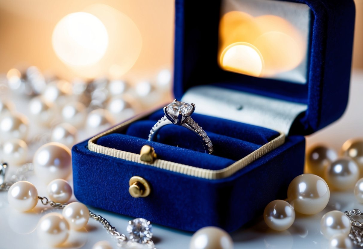 A wedding ring resting on a velvet jewelry box, surrounded by sparkling diamonds and pearls, with a soft light casting a warm glow
