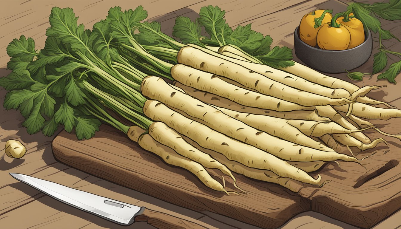 A pile of unripe parsnips, some with green tops, sits on a wooden cutting board. A knife is nearby, and a question mark hovers above the scene