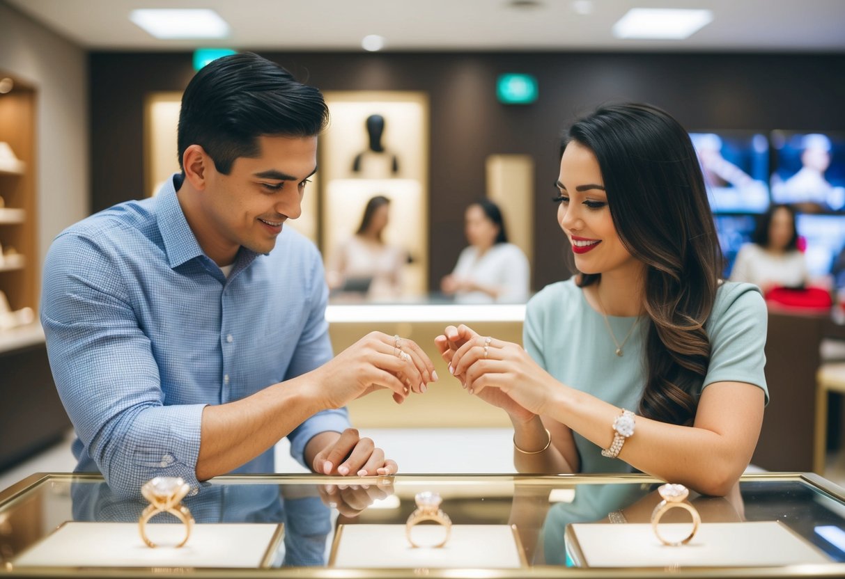 A couple browsing engagement rings at a jewelry store