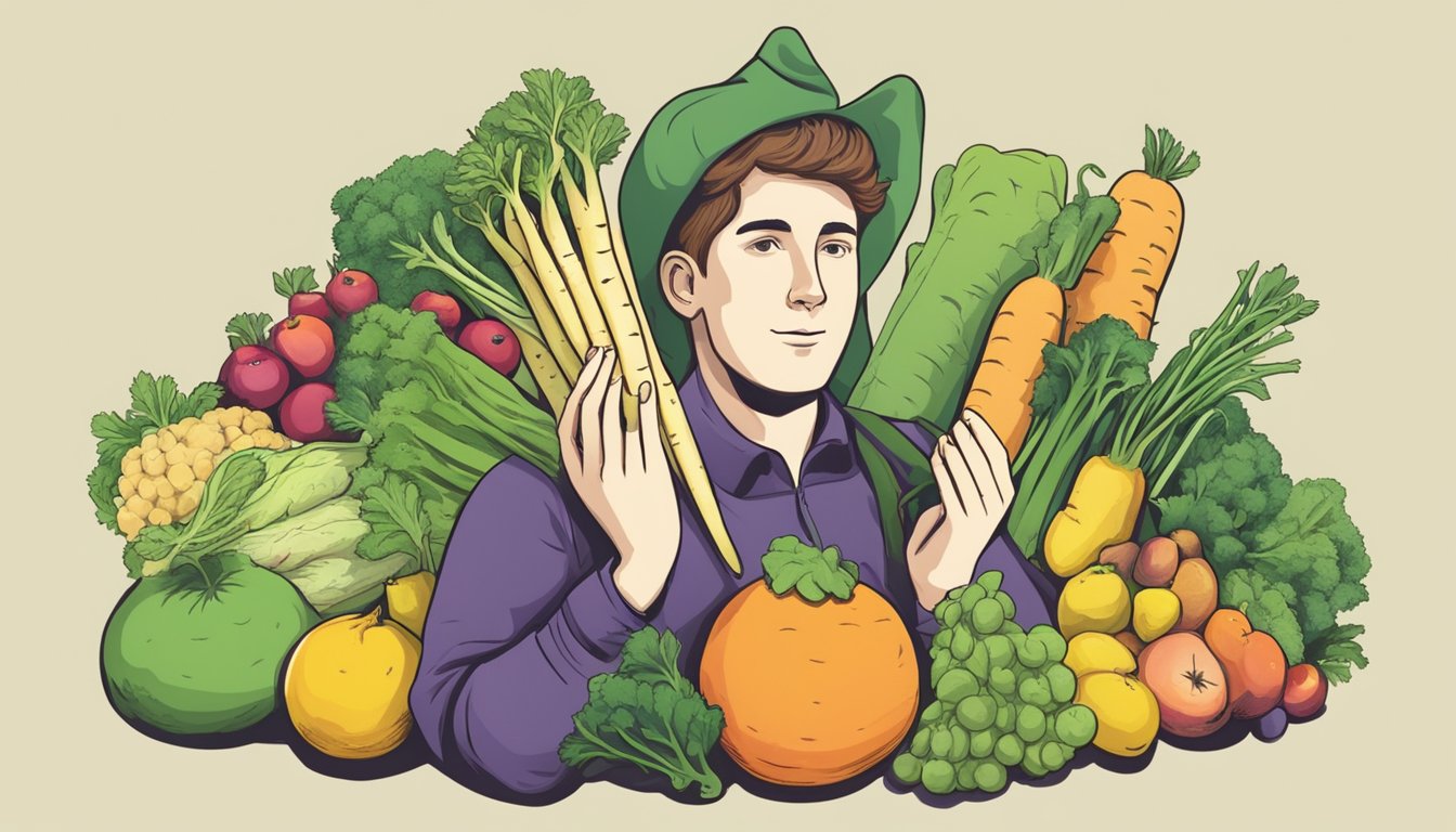 A person holding a bunch of unripe parsnips, with a question mark above their head, surrounded by various fruits and vegetables