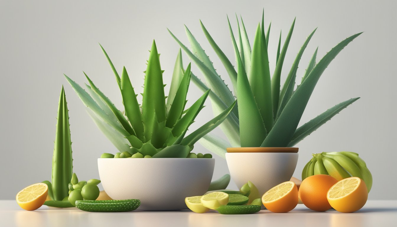 Aloe vera plant with leaves, surrounded by various fruits and vegetables, on a kitchen counter