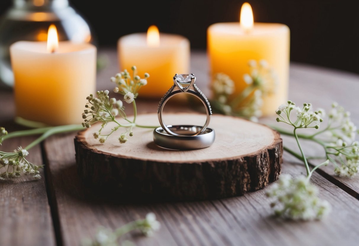 The wedding ring rests on a wooden table, surrounded by soft candlelight and delicate flowers