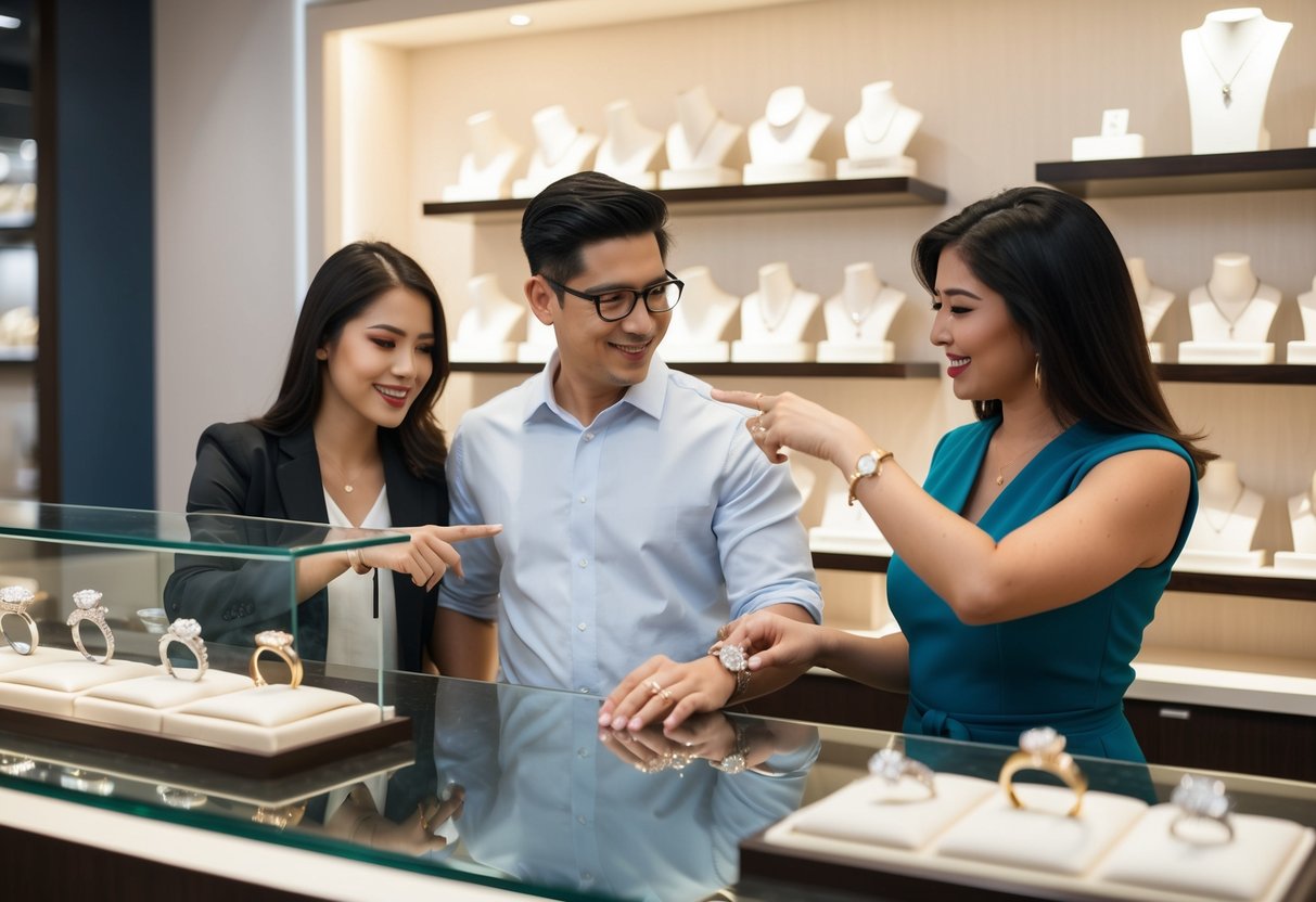 A couple stands at a jewelry counter, pointing to various engagement rings on display. An employee assists them in trying on different styles