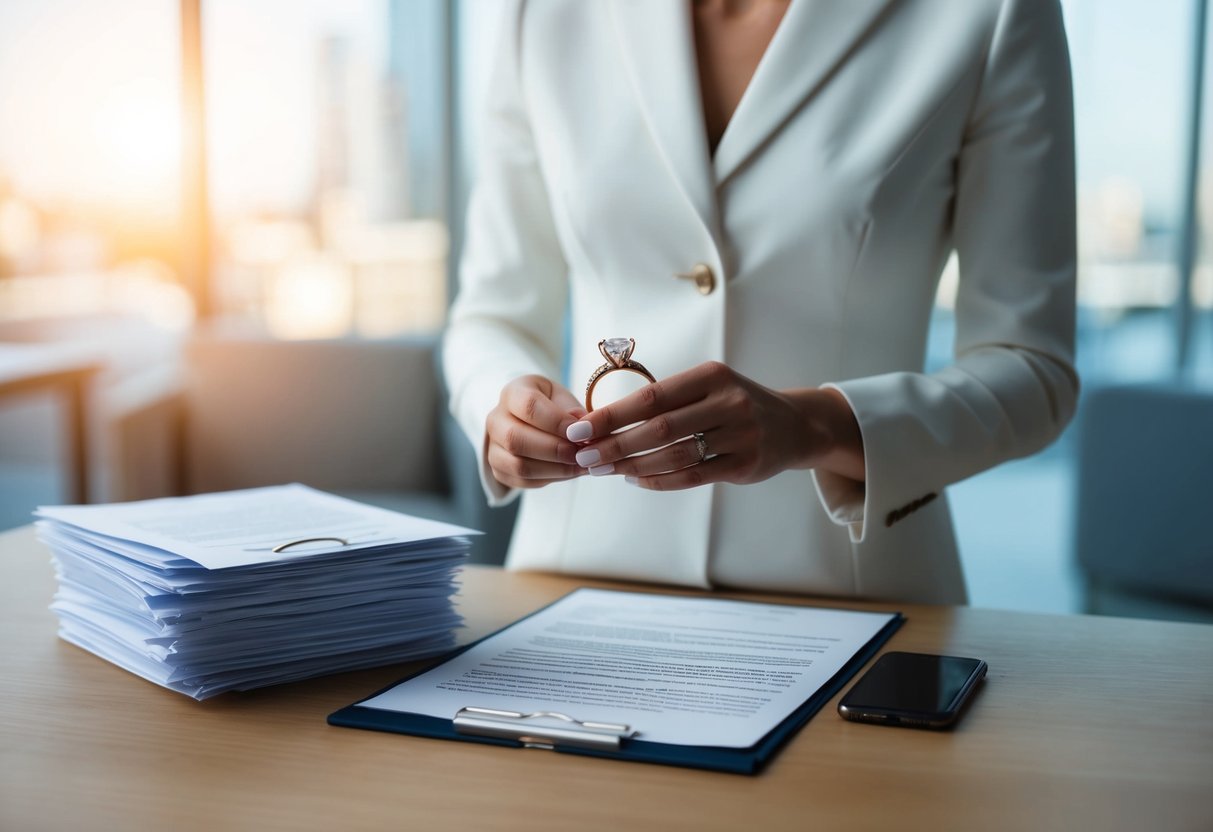 A woman holding a wedding ring while standing in front of a legal document and a stack of financial paperwork