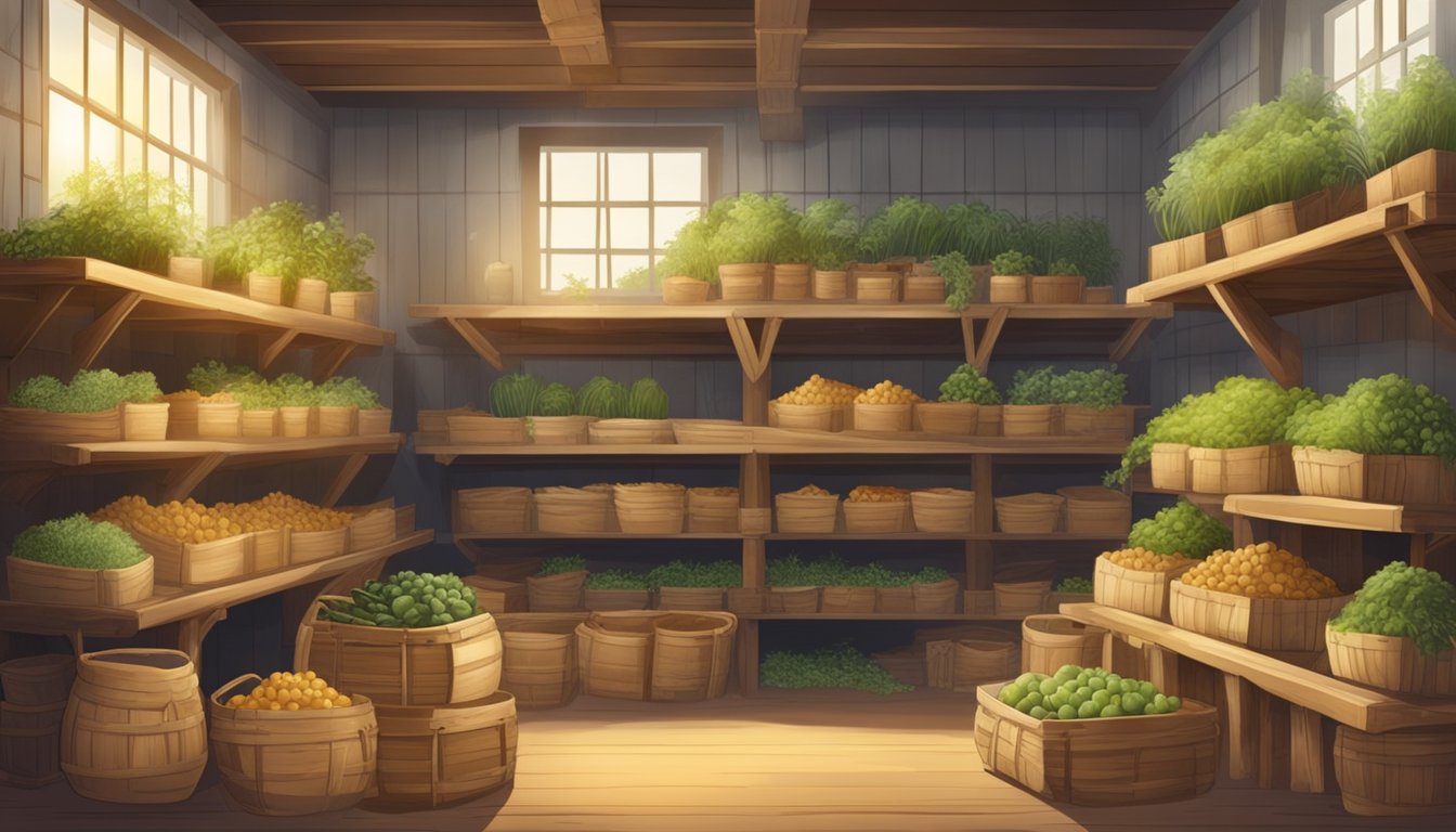 A root cellar filled with parsnips stored in wooden crates, surrounded by baskets of straw and hanging bulbs of garlic