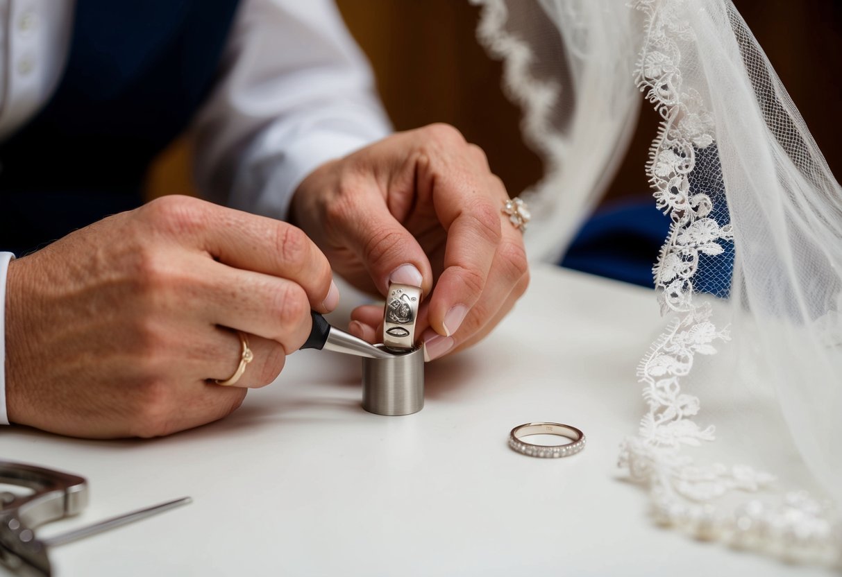 A jeweler carefully engraves the husband's wedding ring with a meaningful symbol, while a delicate lace veil drapes over the table