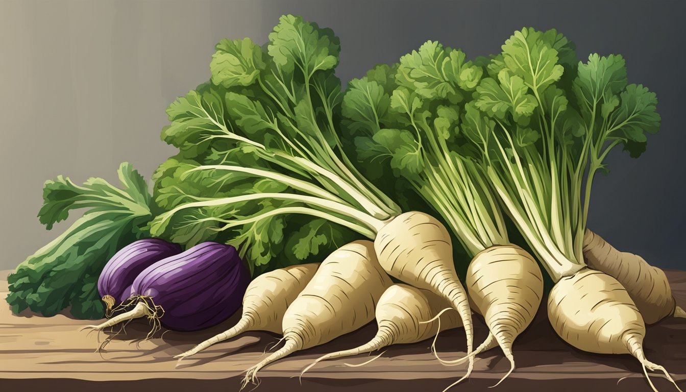 A group of parsnips next to other vegetables, with one unripe parsnip standing out