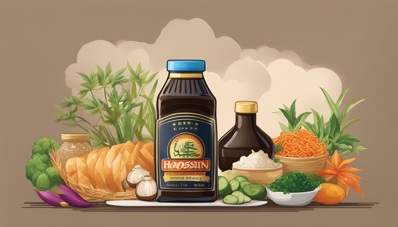 A bottle of hoisin sauce with a visible expiration date on the label, surrounded by various Asian cooking ingredients