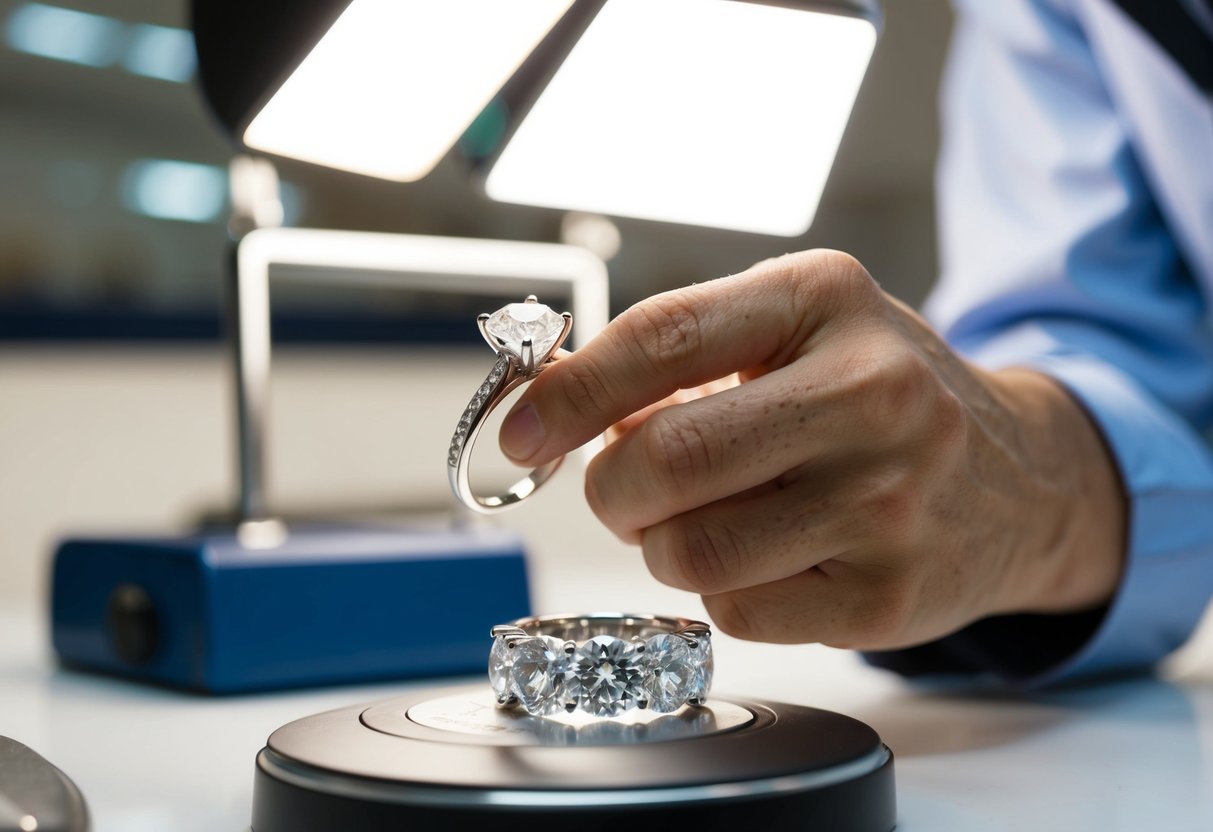 A jeweler carefully weighing and inspecting a sparkling diamond ring under bright lighting