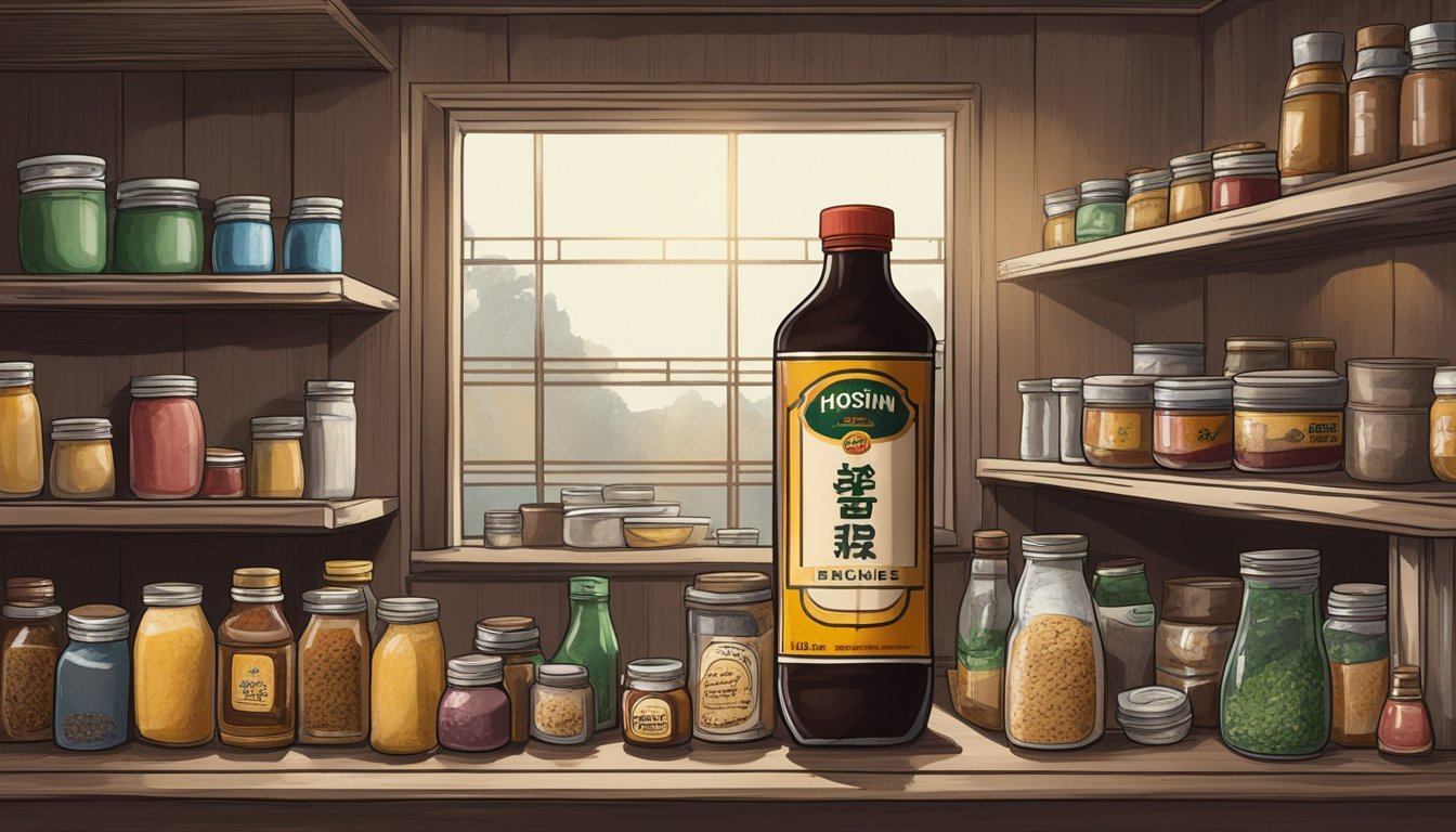 An open bottle of expired hoisin sauce sits on a dusty shelf in a dimly lit pantry, surrounded by other neglected condiments