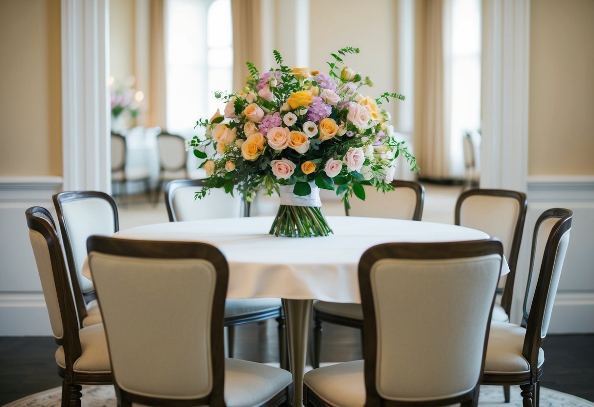 A bouquet of flowers rests on a table, surrounded by a group of elegantly arranged chairs